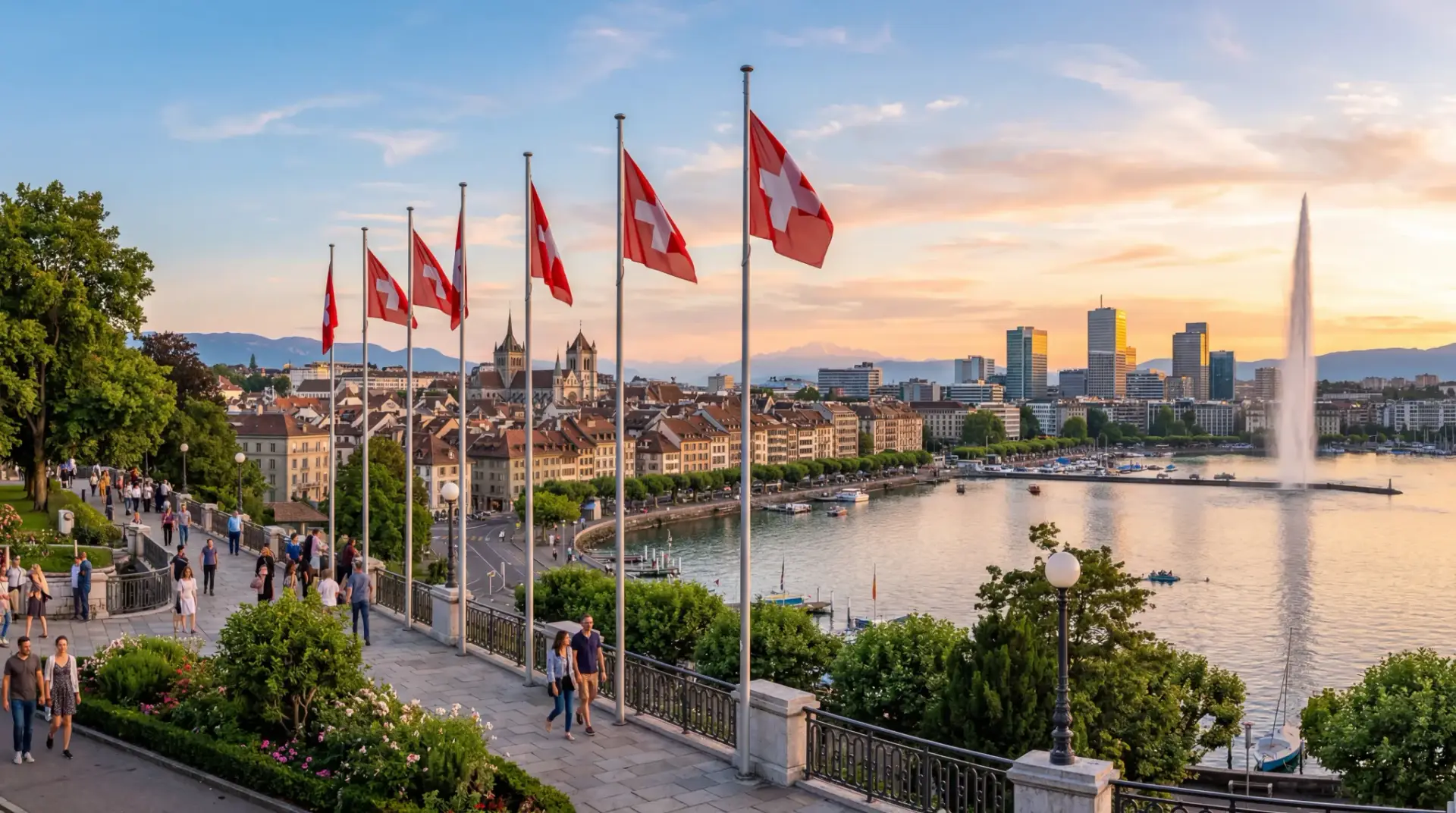 Jet d’Eau de Genève avec drapeau suisse au bord du lac Léman, symbole de gestion privée et de stabilité patrimoniale en Suisse.