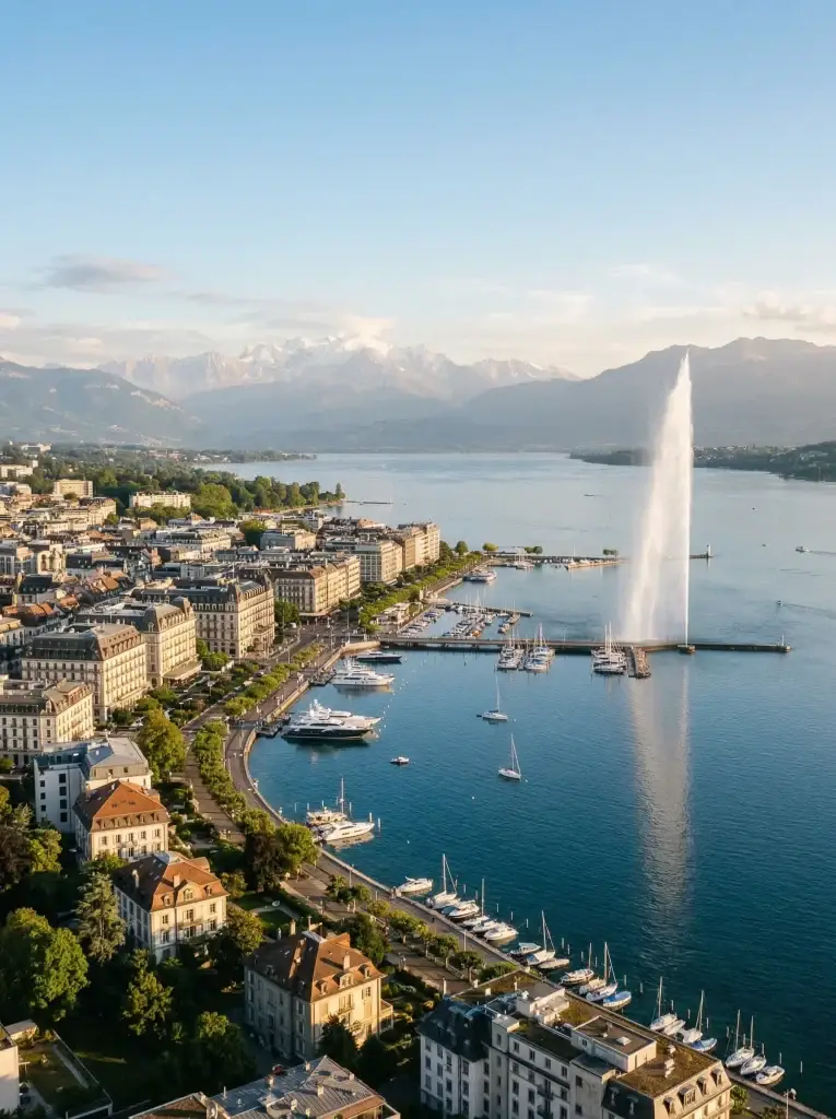 Jet d’Eau de Genève sur le lac Léman symbolisant une stratégie patrimoniale internationale et la diversification des investissements.