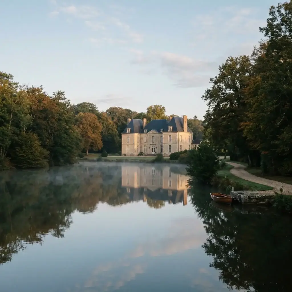 Domaine historique européen reflété dans l’eau symbolisant un patrimoine structuré et une organisation patrimoniale durable.
