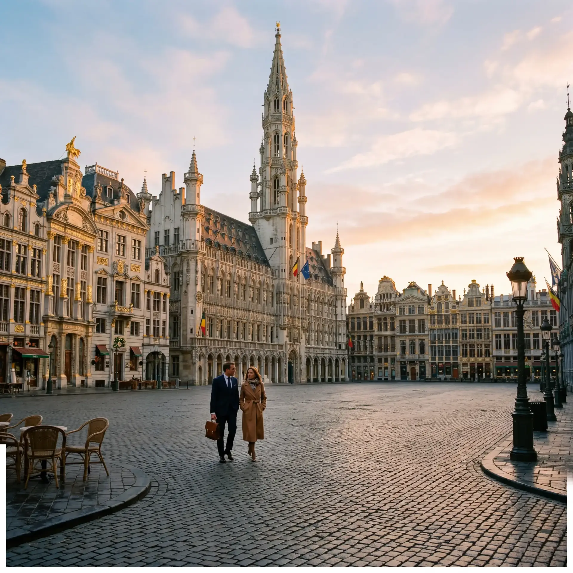 Vue de Bruxelles au lever du soleil, symbole d’ancrage européen et de construction d’une stratégie patrimoniale durable.