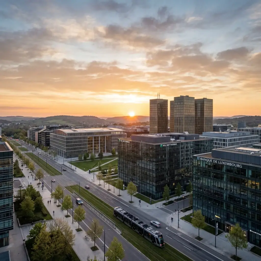 Quartier financier de Kirchberg à Luxembourg, symbole de protection, de structuration et de stabilité patrimoniale.