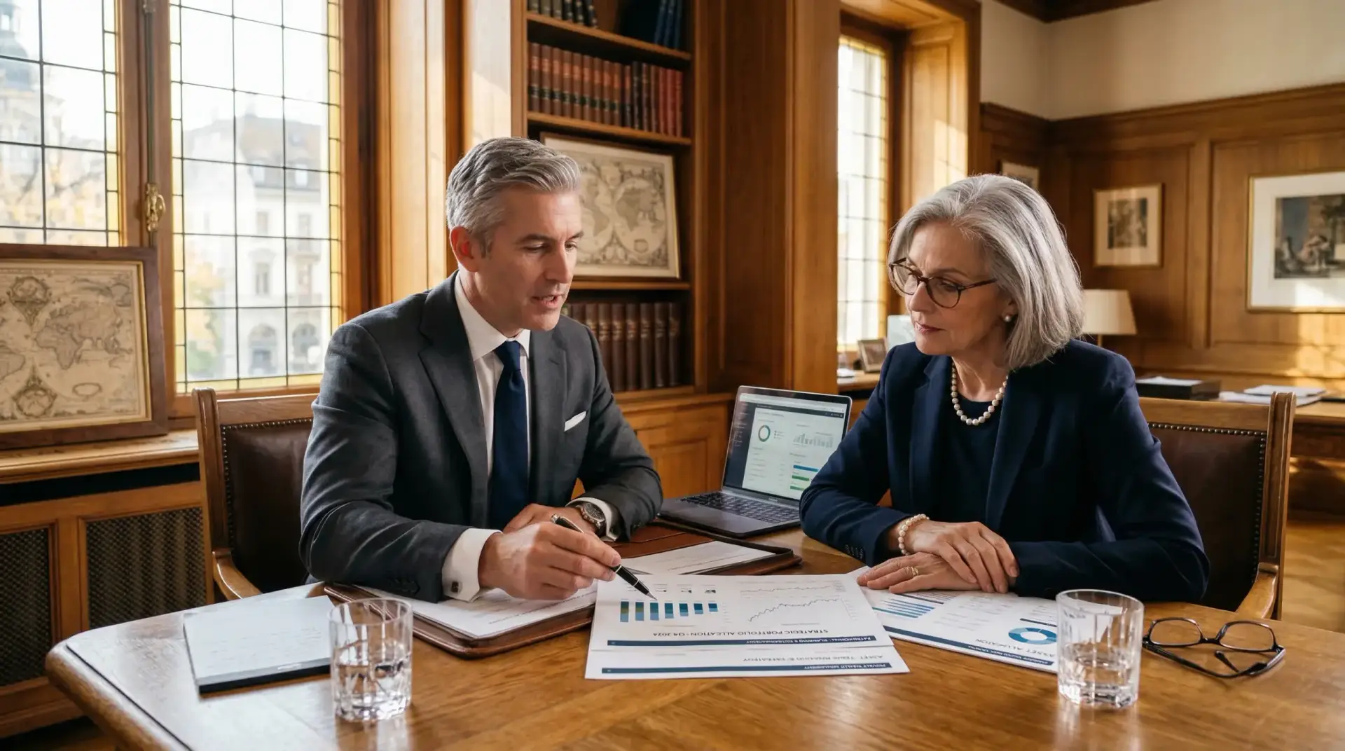 Conseiller en gestion de patrimoine présentant une stratégie financière personnalisée à un client.