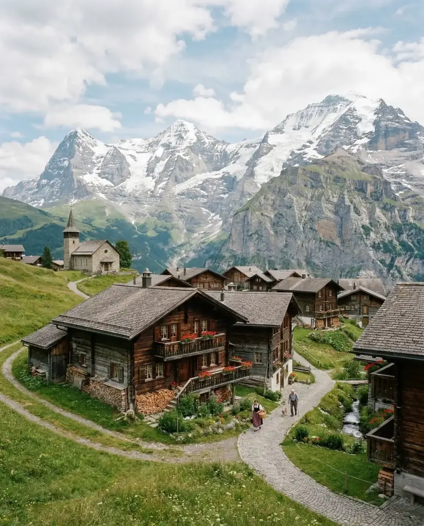 Village traditionnel suisse dans les Alpes représentant la stabilité et la tradition économique du pays.