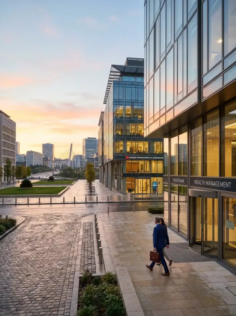 Architecture financière moderne illustrant la protection patrimoniale via l’assurance vie luxembourgeoise.