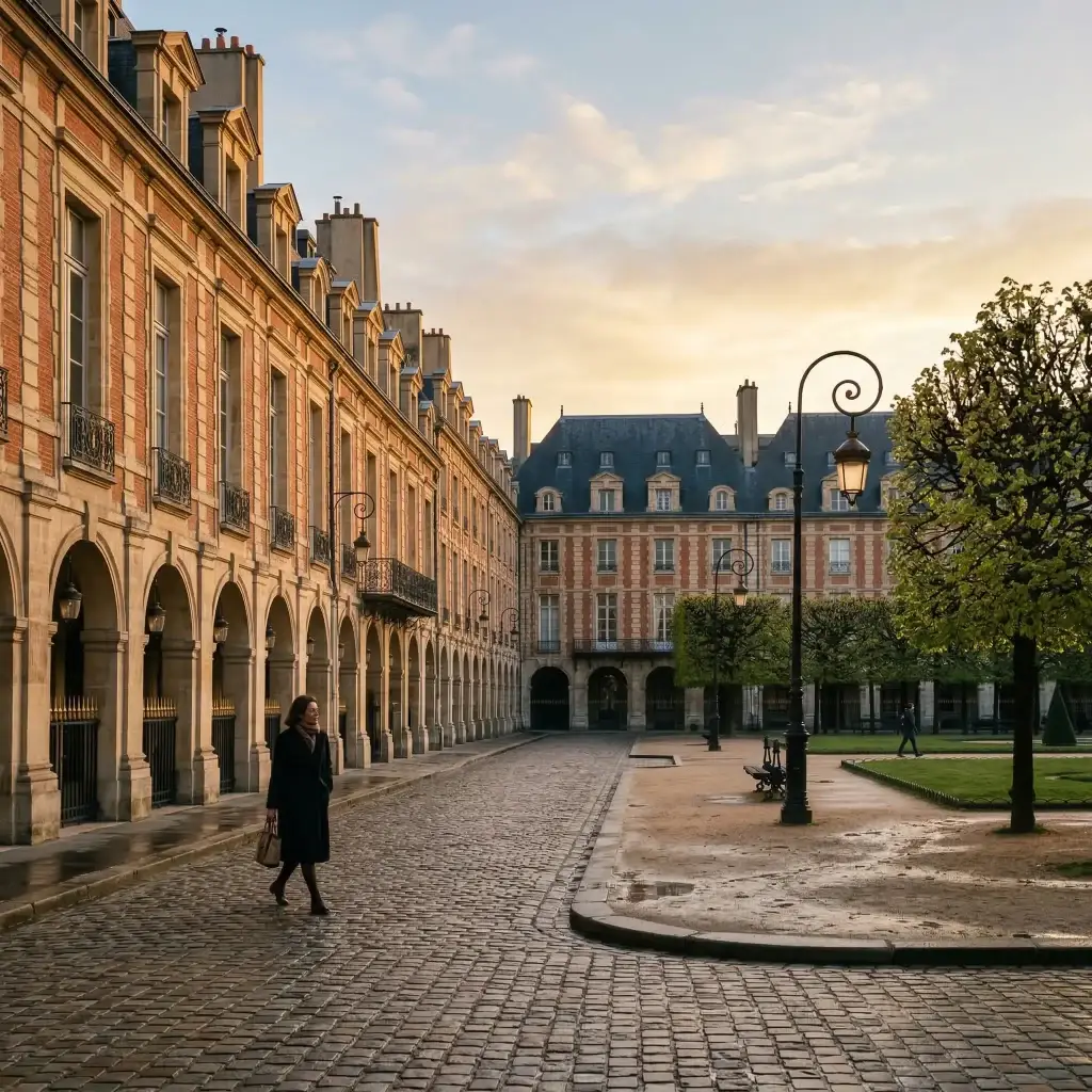 Place des Vosges à Paris symbolisant la stabilité et le patrimoine historique français.