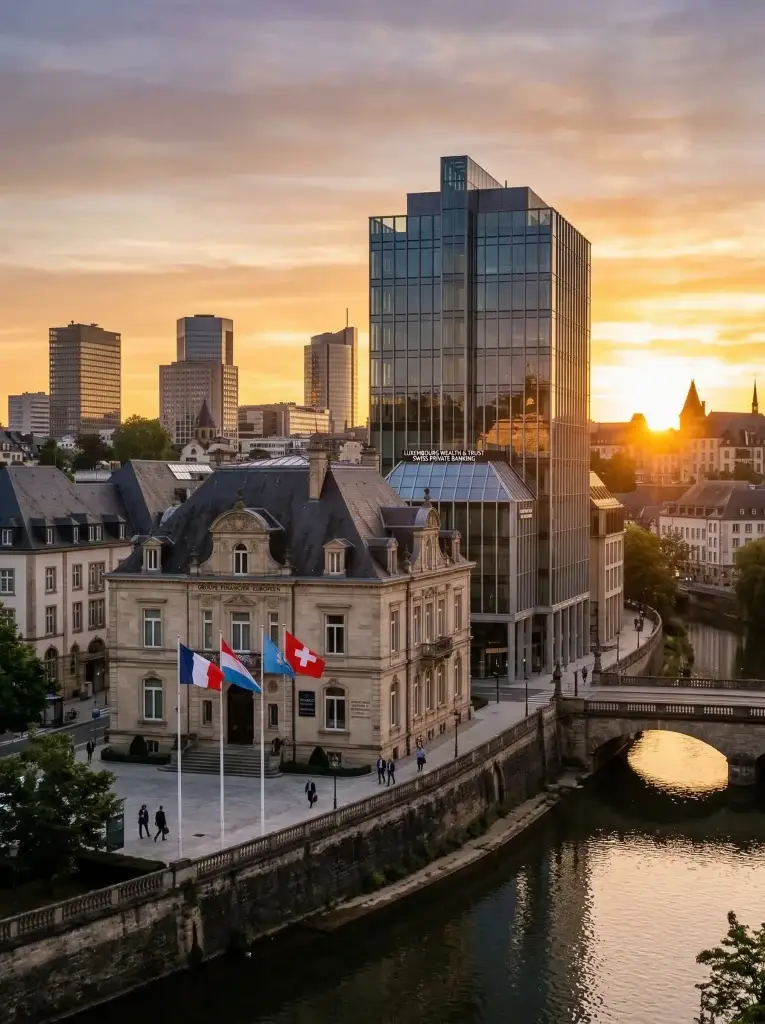 Architecture financière européenne illustrant une structuration patrimoniale internationale pour investisseurs français.